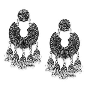 AccessHer Silver Color Oxidised Silver Afghani Chandbali Earrings for women and girls | Navratri Jewellery |