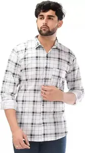 Generic Slim Fit Checkered Spread Collar Casual Shirt White