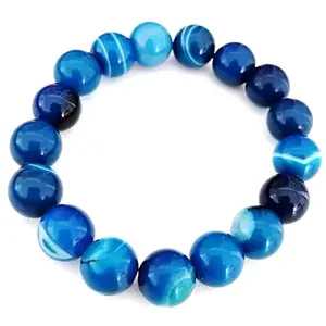 RRJEWELZ Natural Blue Stripe Agate 12mm Round Shape Smooth Cut Beads Stretchable Bracelet for Men & Women.|STBR_RR_02266_6.5