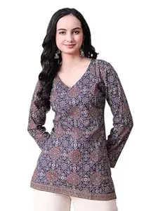 MEERA FAB Women's Floral Printed Cotton Short Top | Ikkat Printed Top Cut Sleeves | Short Kurti for Women