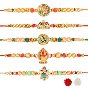 De Marquis 5 Designer Rakhi Gift Set for Brother, Mauli Thread, Chawal Roli Pack, Greeting Card Set (5 Multicolor RAKHI set in different design with Roli and chawal)