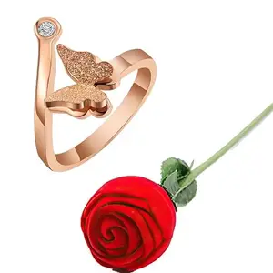 Valentine Gift By Fashion Frill Butterfly Ring For Women 18K Rose Gold Plated Adjustable Finger Ring For Women Girls With Red Rose Love Gifts