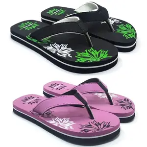 Women's EVA Flip Flops with Anti-Slip Rubber Sole Lightweight Comfortable Slippers for Home Beach & Casual Pack of 2 (Black Pink-8)