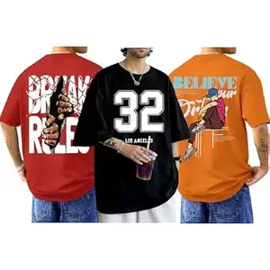 ENCIGER Men's Oversized Cotton T-Shirt Pack | Drop Shoulder Graphic Printed Casual Streetwear Combo | Baggy Hip-Hop Tshirts