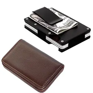 Stealodeal Black Metal Wallet Money Clip with Brown Leather Card Holder