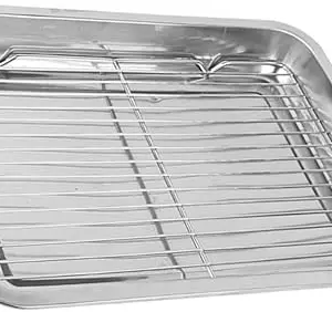 HEVASNEK Stainless Steel Drain Pan Snack Dish – Multiuse Food Plate & Fried Food Tray for Chicken, Snacks, Samosa, Pakora & More Plate for Home Kitchen & Restaurants (24x18x2.5 cm)