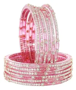 LAVAZZA Latest Glass Bangles For Women & Girls with Golden Zircon Diamond Stone & Beads Work | Kanch ki Chudiyan | Trendy Glass Bangles Design | Diamond Bangles-(Sundari-Pyazi-2.8)