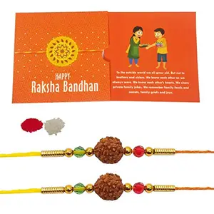 iberry's Rakhi Gift Pack with Set of 2 Rudraksh Rakhi, Greeting Card and Roli Chawal for Brother| rakhi for brother with Branded Packaging