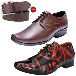Latest Trendy Formal Shoes/Party Shoes/ 2 Shoes Combo with Free Belt for Men and Boys (BAZAAR8621_VTR01-Blk-Red004-Brwn-1-Brwn) Multicolor