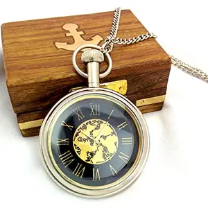 World Of Vintage Exclusive Pocket Watch with Chain and Wooden Box. Exclusive Metallic Look.