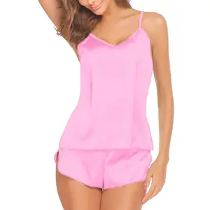 Women Babydoll Lingerie Set Pajamas Camisole Sleeveless Satin Top Tanks Shorts Soft Comfortable Deep V Neck Elegant Rich Look Anniversary Night Dress