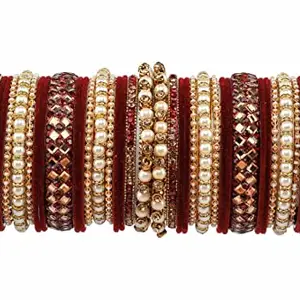 Rijoli Traditional Heavy Rich Pearl Stone Work Antique Bridal Bangles Set for Women (Maroon, 2.6) - Pack of 38