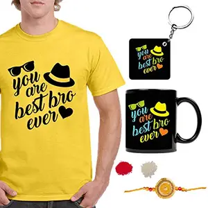 FUNKY STORE Rakhi Gifts for Brother Combo, You are Best Bro Theam Printed Dri-Fit Men's T-Shirt with Mug, Keychain, Rakhi, Roli Chawal (Combo of 4) (FS1415L) Yellow