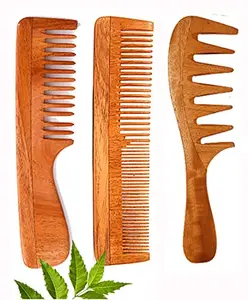 Rufiys Neem Wooden Comb for Hair fall Control Hair Growth | Detangle Frizz Control | Anti Static Anti Dandruff Comb for Women Men (Pack of 3)