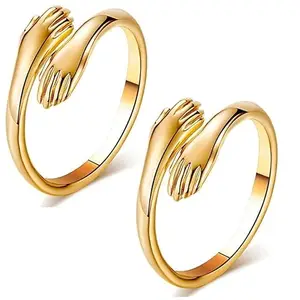 (Pack Of 2 Pcs) Golden Color Stainless Steel Adjustable Hug Ring Valentine's Day/Anniversary Love Couple Embrace Statement Promise Hand Hug Me Thumb Finger Rings
