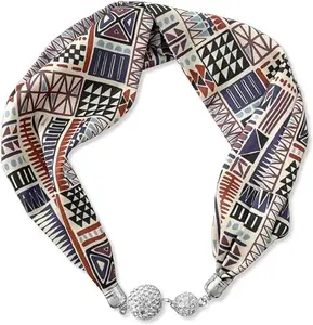 Women Silk Scarf Necklace Magnetic Buckle with Rhinestone Small Neckerchief Clavicle Chain Headdress Pendant Scarf (Vintage)