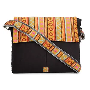 The House of tara Handloom Fabric Messenger Bags for Women | Cotton Canvas Laptop Sling Bag Upto 15.6 Inches | Stylish Crossbody Sling Bag Comes with Flap Closure & Waterproof Inner Lining (Black 3)