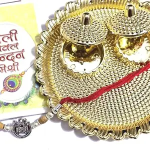 Designer Golden Plated Rakhi with Silver OM Charm, Pearl Beads and Roli Chawal