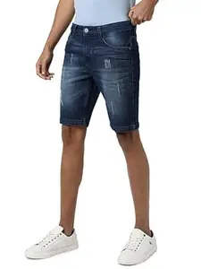 Campus Sutra Men's Denim Shorts for Casual Wear | Dark-Wash | Regular Fit | Button Closure | Cotton Denim Shorts Crafted with Comfort Fit for Everyday Wear