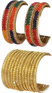 Somil Combo Of Wedding & Party Colorful Glass Bangle/Kada, Pack Of 16, Multi,Golden