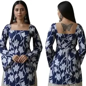 SANGOURI Women Pure Cotton Floral Printed Short Kurti | Square Neck | Full Sleeves | Stylish Ethnic Kurta | Back Tie-Up | Casual Wear Kurta