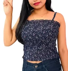 Womens' Sleeveless Printed Smocked Georgette Top