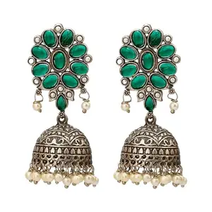 Efulgenz Oxidized Green Crystal Floral Faux Pearl Jhumka Jhumki Earring for Women