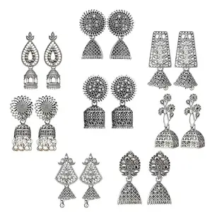 Fashion Frill Traditional Earring For Women Floral Silver Oxidised Small Earring For Women And Girls Pair Of 8