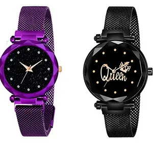 Red Robin Analogue New Unique Designer Black Dial Purple & Black Magnet Strap Wrist Watch - for Women & Girls