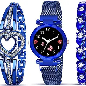 The Shopoholic Branded Blue Analogue Diamond Black Butterfly Dial Blue Magnet Watch with Gift Bracelet for Women Or Girls and Watch for Girl or Women (Combo of 3)