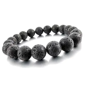 RRJEWELZ Natural Black Lava 10mm Round Shape Smooth Cut Beads 7.5 Inch Stretchable Bracelet for Men & Women.|STBR_RR_01246_7.5