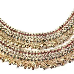 TIRUPATI Deals Ethnic Designer CZ Red and white pearl and Golden Ghungroo Payal/Anklet for Women and Girls Brass, Crystal Anklet (Pack of 2)