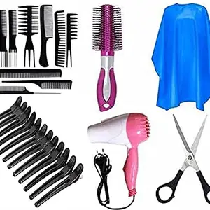 APOEM Professional Salon Accessories Combo of Hair Dyeing & Cutting Sheet, Section Clip, Dryer With Round Brush And Comb Set Free Scissor for Women And Men Use For Saloon Parlour Black (Pack of 1)