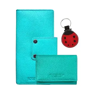 ABYS Genuine Leather Teal Long Women Wallet | Unisex Card Holder with Keyring Combo Offer