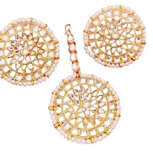 Triyama Traditional Gold Plated Big Chandbali Kundan & Pearl Earrings Set With Maang Tikka for Women