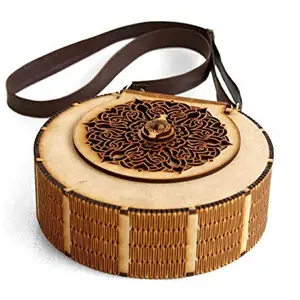 Jukusa Women's Round Shape Decorative Lesser Cutting Wooden Purse Ladies Wallet, Latest Handbags for Woman with Leather Belt
