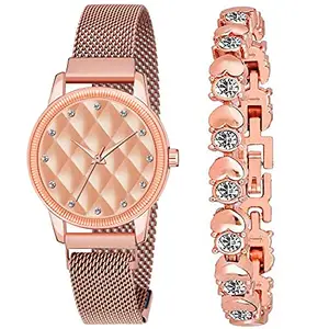 FROZIL Analog Coper Dial Magnetic Watch with Rosegold Heart Bracelet for Girls & Women Watch for Girl or Women