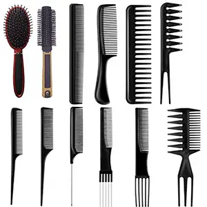 Foreign Holics 12 Pieces Hair Brush Comb Set Paddle Hair Brush Detangling Brush, Including 1 Airbag Massage Comb,1 Roller Brush and 10 Hair Styling Comb for Wet, Dry, Curly and Straight Hair (Black)
