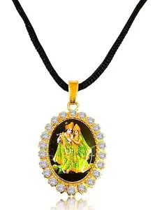 De-Ultimate Unisex Oval Diamond Nug Studded Hindu God Lord Shri Radha Krishna/Thakur Ji With Basuri/Murli Locket Pendant Necklace Cotton Dori
