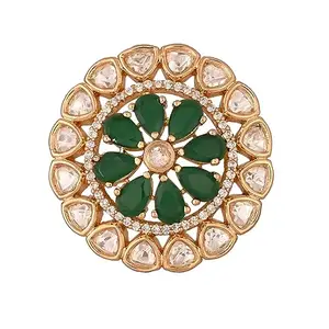 Ratnavali Jewels Gold Plated Cubic Zirconia Green Ethnic Traditional Fusion Round Bold Adjustable Ring For Women/Girls