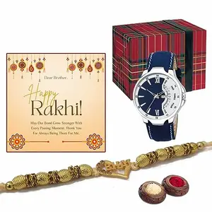 Bling Queen Novel Designer Gold Plated 'Bhai' Rakhi With Elegant Watch Rakhi Greetings Designer Message Card Raksha Bandhan Rakhi Gift Set For Brother Bhai Rakhi