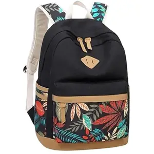 Women's 4K Leaf Print Laptop Backpack Shoulder Bag For Girls, Water Resistant Anti-theft Backpack, Women's College Girls Backpack (Black)