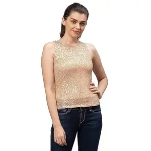 Globus Women Gold Embellished Round Neck Party Top-3635839004