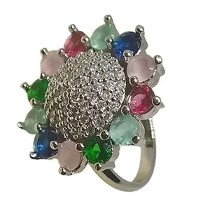 Laali R2 Multicolor American Diamond Floral Design Fancy Adjustable Ring For Women & Girls