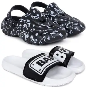 Pampy Angel Combo Pack of 2 Slipper/Flip Flops/Slides/Clogs/Sandals with Adjustable Back Strap for Men,(Cl-N11-Black,Badboy-White),9 (UK/India)