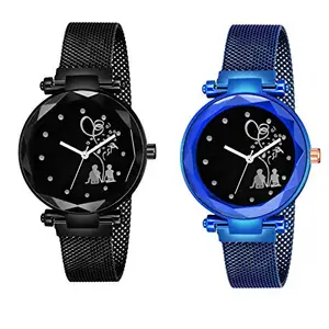 Tymor Bethu Couple Black Blue Maganet Watch Combo for Girls and Womens