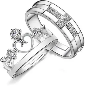 ME4YOU Alloy Cubic Zirconia Rhodium Plated King Crown Queen and Cross Lover valentine Couple Adjustable Proposal ring Combo for women