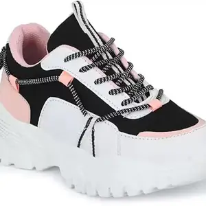 AADI Women's Black Pink Synthetic Leather Comfortable Lightweight Outdoor Lace Up Classy Running Walking & Gym Casual Sport Shoes