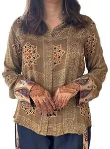 Zans & mens Women's Printed Shirt, Long Sleeve, Embroidered Cuffs, Collared Neck, Casual Ethnic Wear (in, Alpha, 2XL, Regular, Purpal-Bandhni)