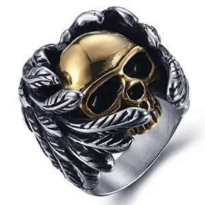 Asma Jewel House Feather Gold Skull Exaggerated Stainless Steel Ring For Men Boys
